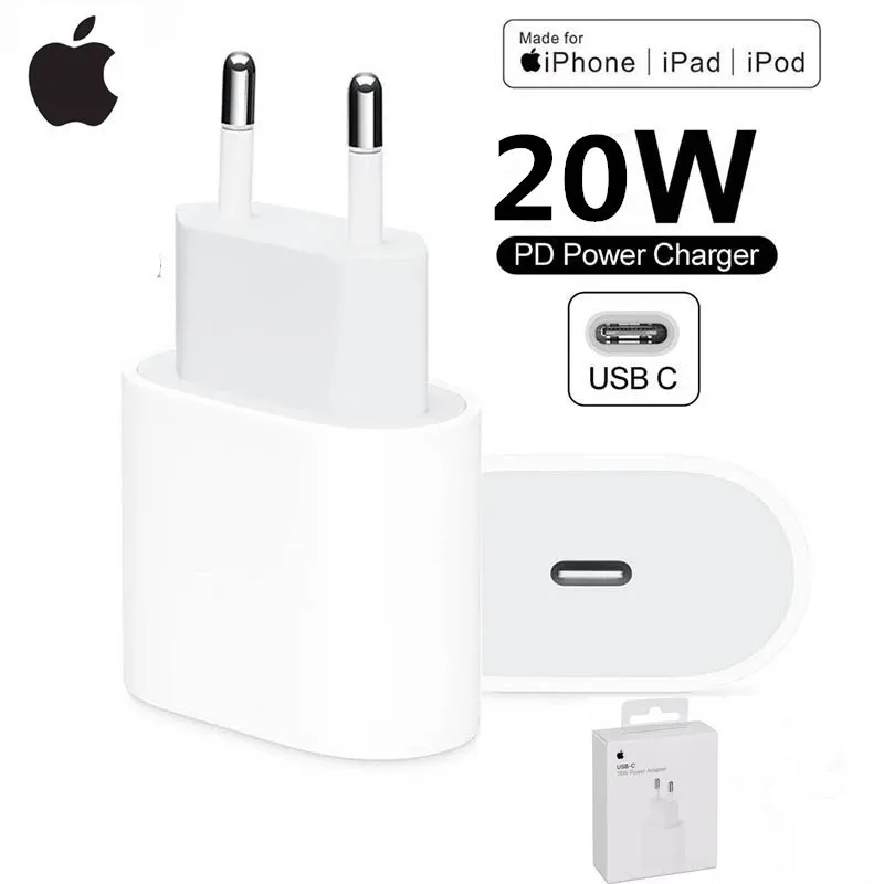 Adaptador de corriente de USB-C para iphone, Cargador rápido tipo C Original de 20W para iPhone 12 12mini Pro Max, iphone 8 Plus X XR 11 XS