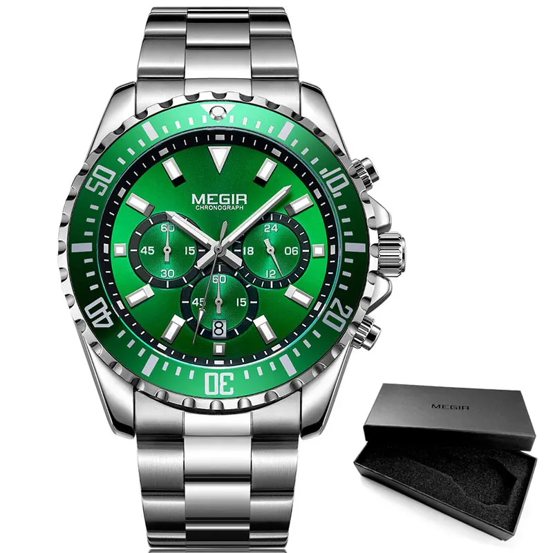 Мужские деловые кварцевые часы MEGIR из нержавеющей стали, аналоговые наручные часы с хронографом и 24 часами, светящиеся мужские часы 2064G-BK-1 - Цвет: MS2064G-Green