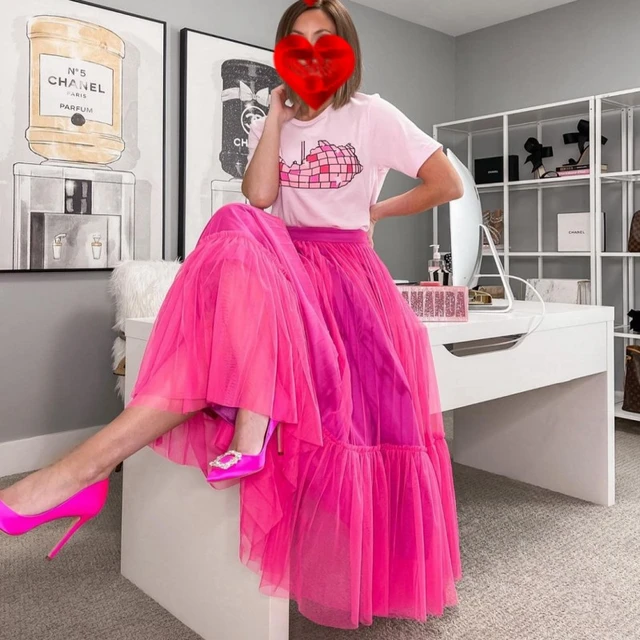 Woman Pink Tulle Skirt Full Length