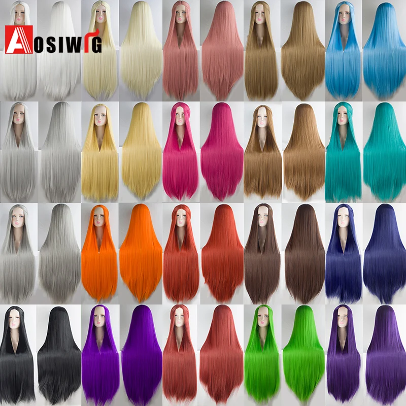 Women Aosi 100cm Long Straight Wig Middle Part Black Pink Heat Resistant Synthetic Costume Cosplay Party Wigs Natural Hair