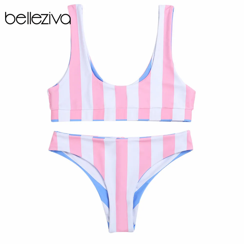Женский двусторонний комплект бикини Belleziva пляжная одежда в полоску пуш ап