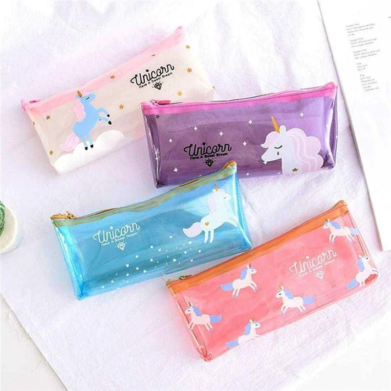 

4 Colors Cartoon Unicorn Pattern Pencil Case School Supplies Large Capacity Transparent WaterProof PVC Stationery Bag Organizer
