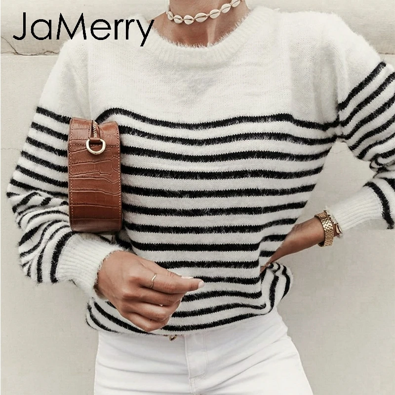 JaMerry Vintage sexy backless lace up mohair women pullover sweater Autumn winter soft female sweater casual Strip ladies jumper