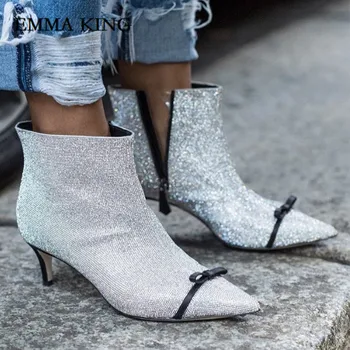 

Women Luxurious Rhinestone Pointed Toe Ankle Boots Transparency V Bling Bling Crystal High Heels Chelsea Boots Pumps