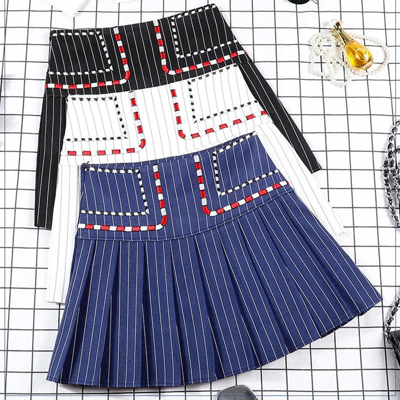 

Harajuku High Waist Pleated Skirt Women Sexy Fall Winter Striped Embroidery Skirt Preppy Girl White Japanese Kawaii Faldas Mujer