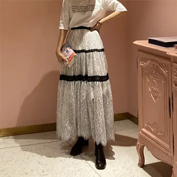 

Hzirip Elegance Office Lady Elastic Waist New 2020 Vintage Loose All-match Casual Chic Lace Patchwork Sweet High Waist Skirts