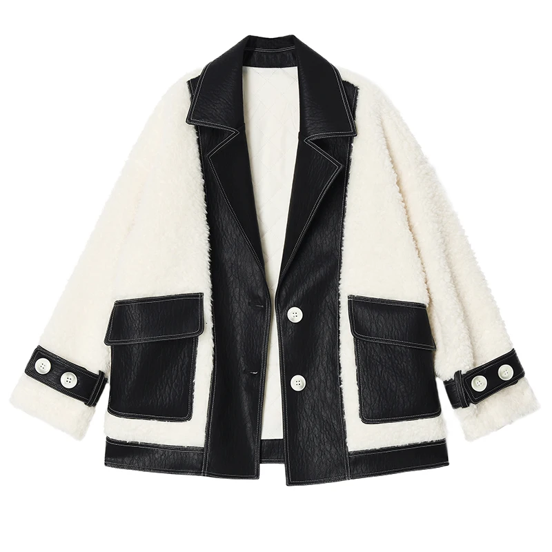 [EAM] Свободная белая куртка из искусственной кожи и овечьей шерсти большого размера, Новое Женское пальто с отворотом и длинным рукавом, модное осенне-зимнее 19A-a359