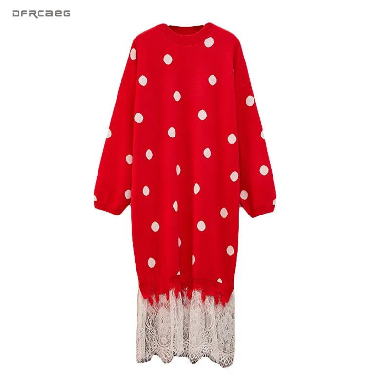 

3XL 4XL Loose Autumn Winter Plus Size Sweater Dress Woman 2019 Fashion Patchwork Lace Polka Dot Knit Elegant Dresses Long Female