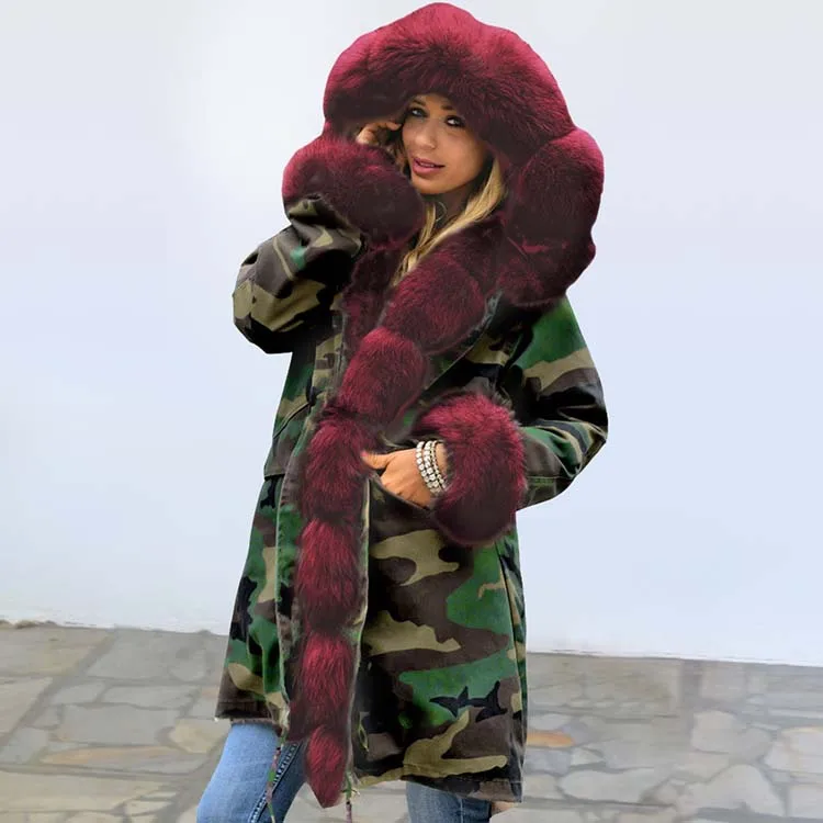 Модные зимние куртки пальто для женщин из искусственного меха с капюшоном Длинные камуфляжные парки хлопок флис женская верхняя одежда плюс размер