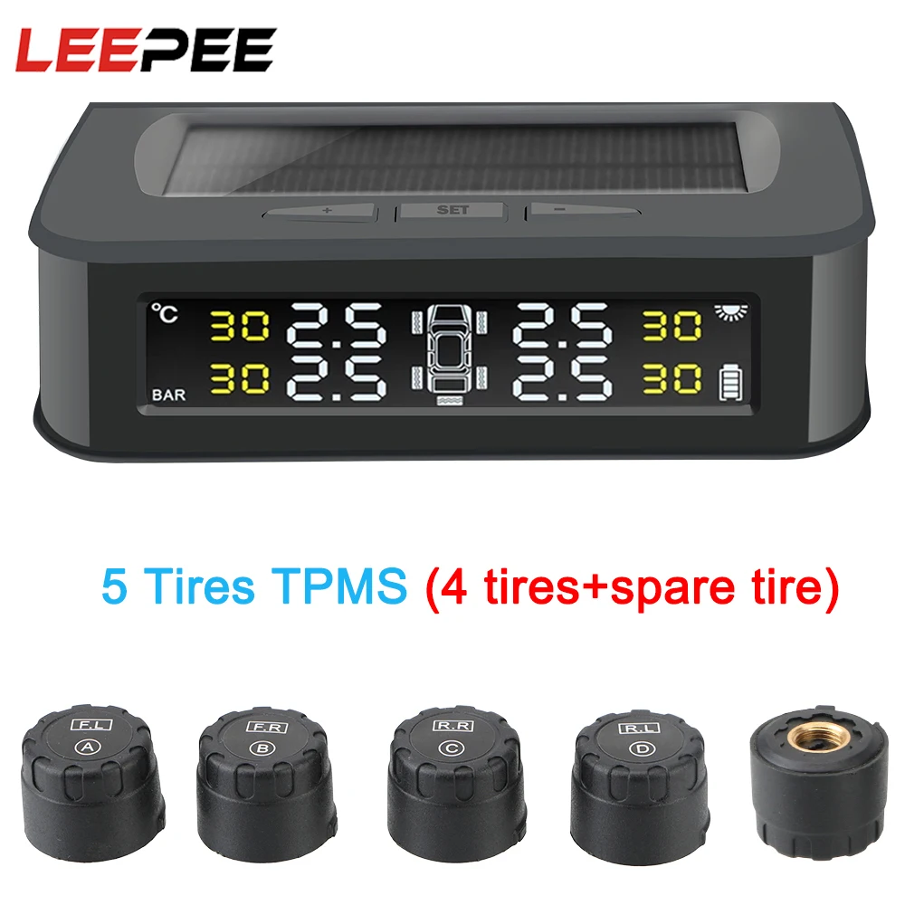 

LEEPEE 5 Tire TPMS With External sensors Car Tire Pressure Alarm Monitor System Solar Charge Display Pressure Control Warning