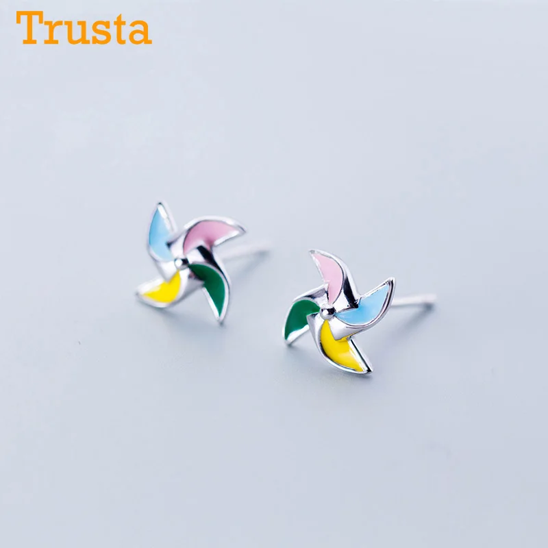Trusta 925 пробы серебряные серьги гвоздики красочные глазурь серьги в виде крыльев мельницы ювелирные изделия подарок на день рождения для девочек Дети Леди DS1383