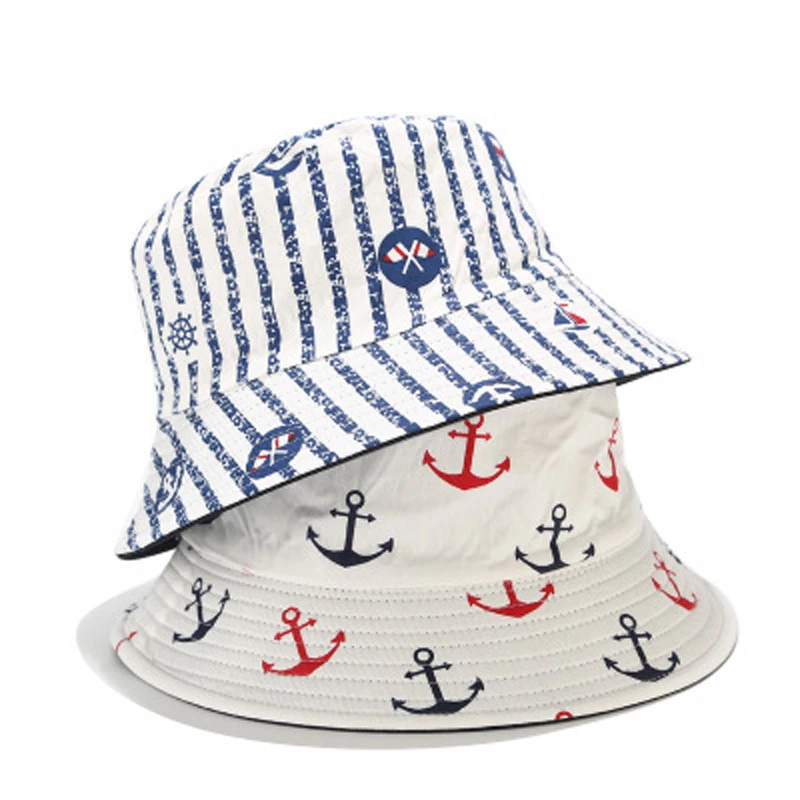 

2020 Unisex Casual Sun Hat Two Sided Bucket Hat The Navy Style Embroidery Cotton Outdoor Summer Casual Shade Bucket Cap