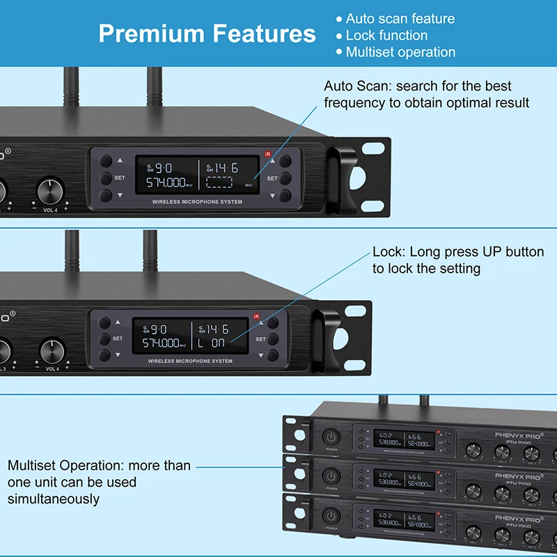 Phenyx Pro 4 Channels Handheld Ｗireless Ｍicrophone Professional  Auto Scan Selectable Frequency Metal 328FT for Singing Court