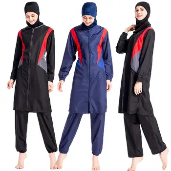

Muslim Women Zipper Swimwear Islamic Full Cover Swimsuit Lady Beachwear Burkini 3pcs Arab Conservative Bathing Suits Sports New