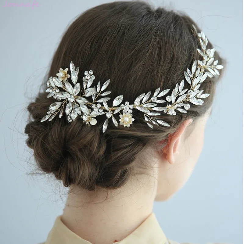 

Charming Crystal Bridal Crown Hair Vine Gold Floral Wedding Headpiece Handmade Hair Jewelry For Women Prom