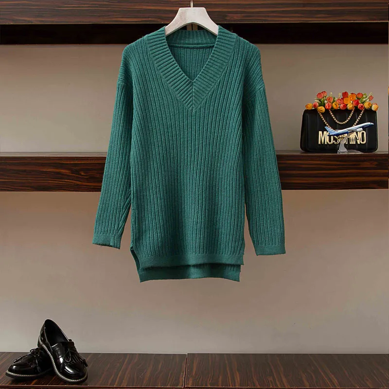

2019 Autumn Winter Women's Sweaters V-Neck Minimalist Tops Fashionable Korean Style Knitting Casual Solid