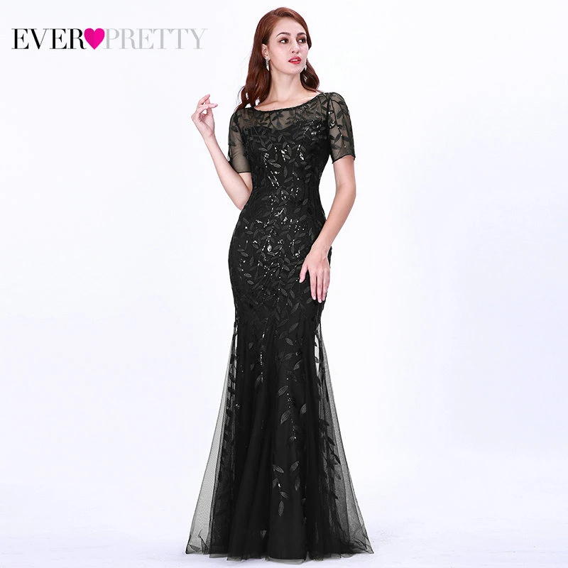 Формальные Вечерние платья Ever Pretty Новые Русалка o-образным вырезом с коротким рукавом Кружева Аппликации Тюль Длинные вечерние платья халат Soiree сексуальный - Цвет: EZ07707BK