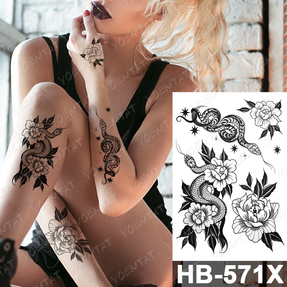 Waterproof Temporary Tattoo Sticker Dark Old School Moth Butterfly Flash Tattoos Snake Rose Body Art Arm Fake Tatoo Women Men