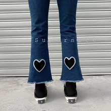 Осень, новинка, Корейская версия, любовь, вышивка, маленькие, элегантные брюки, тонкие, девять точек, прямые, женские джинсы