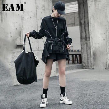 

[EAM] Wide Leg shorts Three Piece Suit New Round Neck Long Sleeve Black Loose Fit Women Fashion Tide Spring Autumn 2020 1R596