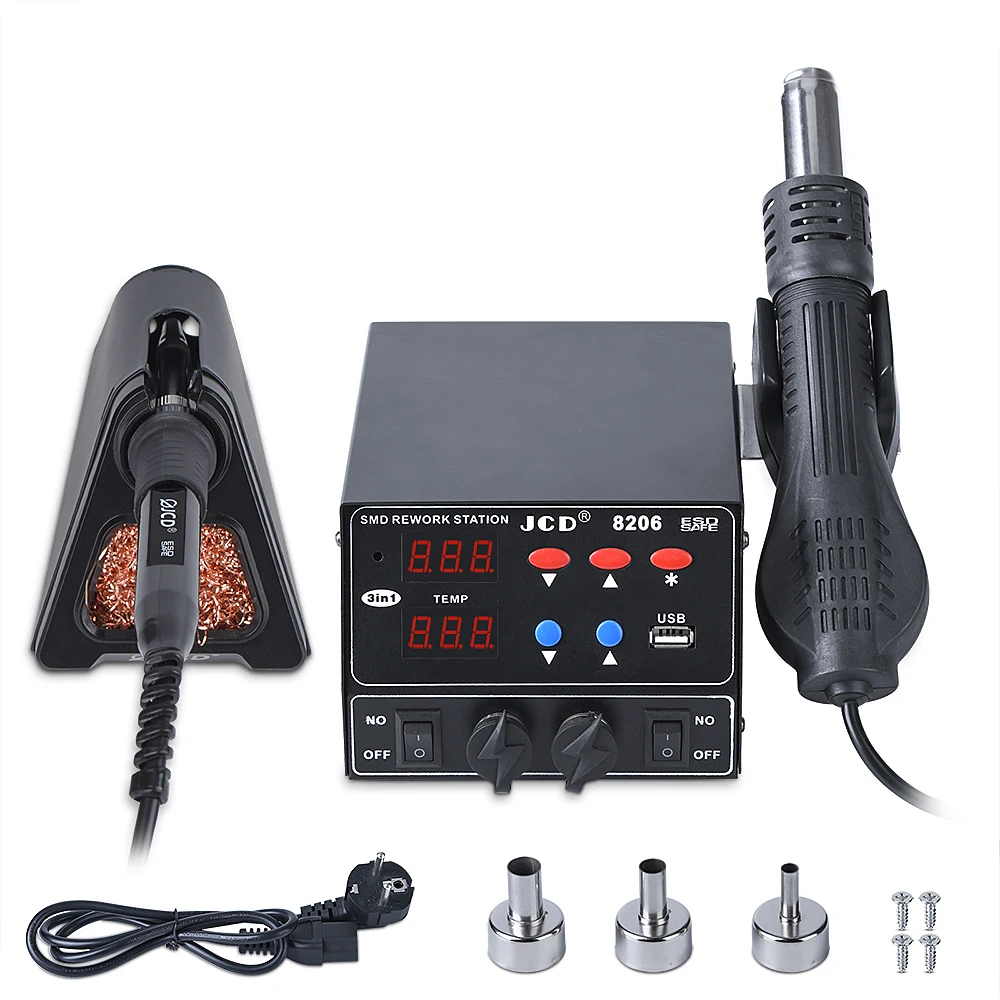 JCD 800W Soldering Rework Station LED Digital Display SMD Welding Hot Air Gun Solder Station Soldering Iron Repair Tool Kit 8206