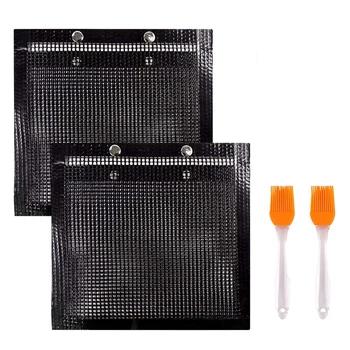 

2Pcs Non-Stick BBQ Mesh Reusable Teflon Grilling Net Easy to Clean Barbecue Mat with 2 Silicone Brush
