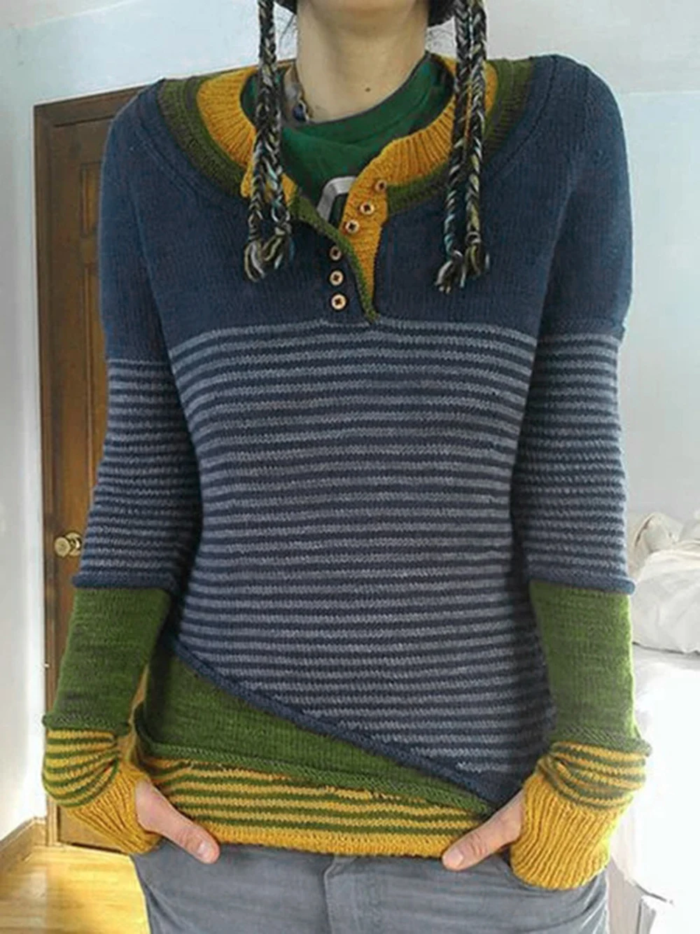 

Color Block Patchwork Womens Sweater Casual Striped Long Sleeve Knitted Jumpers Oversized Pullover Sweaters Femme Sueter Mujer