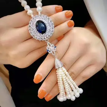 

Women's jewelry 8-9mm 70+15cm micro inlaid zircon accessories white freshwater pearl necklace tassel long sweater chain