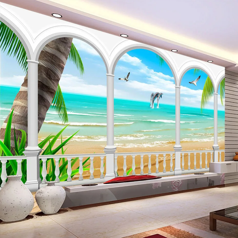 

Drop Shipping Custom Mural Wallpaper Photo Seaview Roman Column Wall Decorations Sofa TV Background Wallpaper Modern 3D