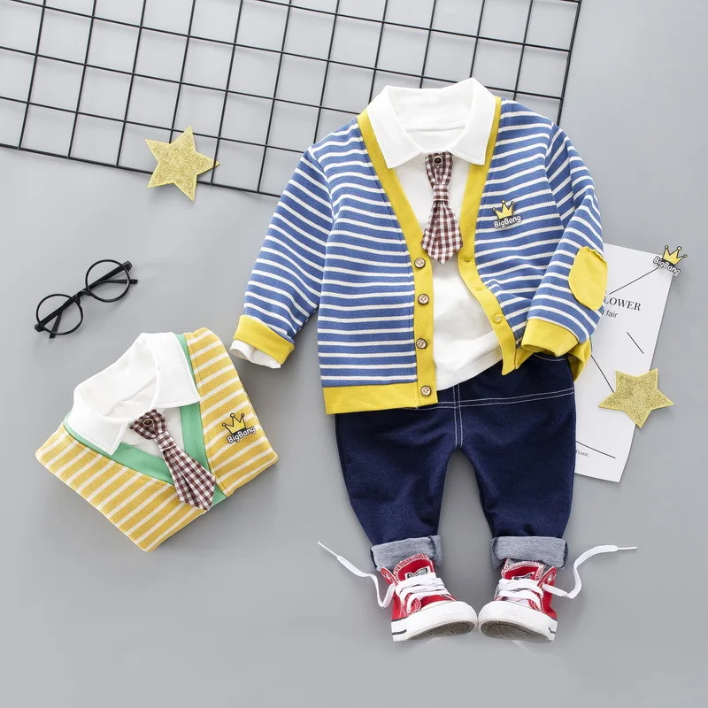 Одежда для детей осенне-зимняя одежда для маленьких мальчиков Повседневный Спортивный полосатый кардиган с длинными рукавами+ рубашка+ штаны, комплект одежды из 3 предметов