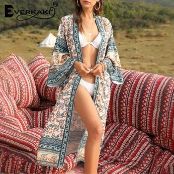 

Everkaki Boho Kimonos Coats Floral Print Gypsy Beach Ladies Vintage Loose Coat Long Kimono Female Casual 2020 Spring Summer New