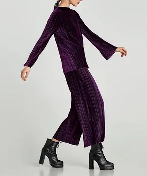 

Fall Women Purple Velvet Casual Wide Leg Pants High Solid Loose Elastic Waist Ankle-Length Pleated Pants