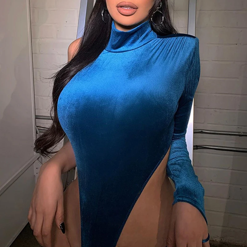 

OMSJ 2020 Newest Women's Sexy One Shoulder Bodysuit Clubwear High Neck Basic Solid Blue Velevt Party Romper Slim Female Body Top