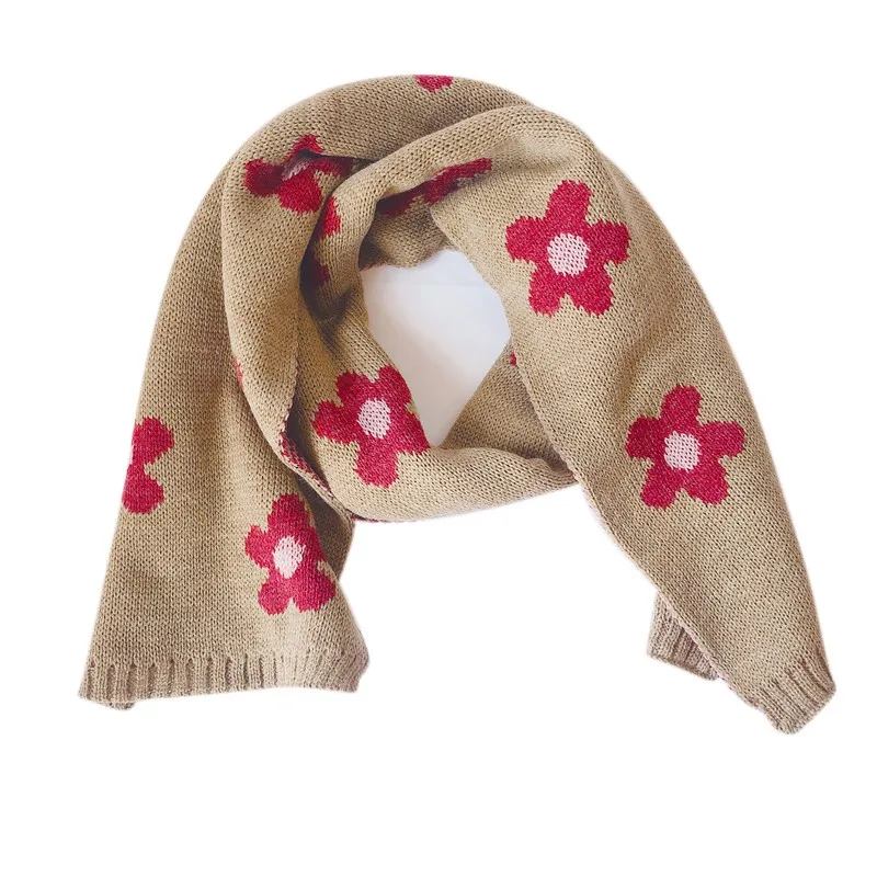 Children Scarf Fashion Girls Cute Flower Print Scarf Knitted Winter Warm Neck Girls Scarf