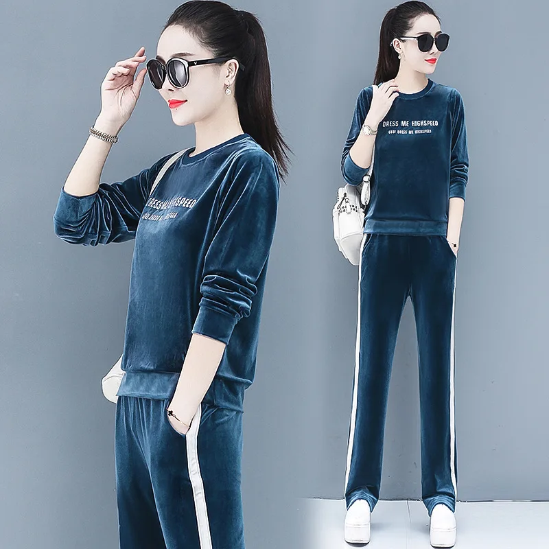 

4XL Spring Women Sport Suit Velvet Loose Sweatshirt Wide Leg Pant Casual Jogger Running Workout Outfit Set Sportswear Tracksuits