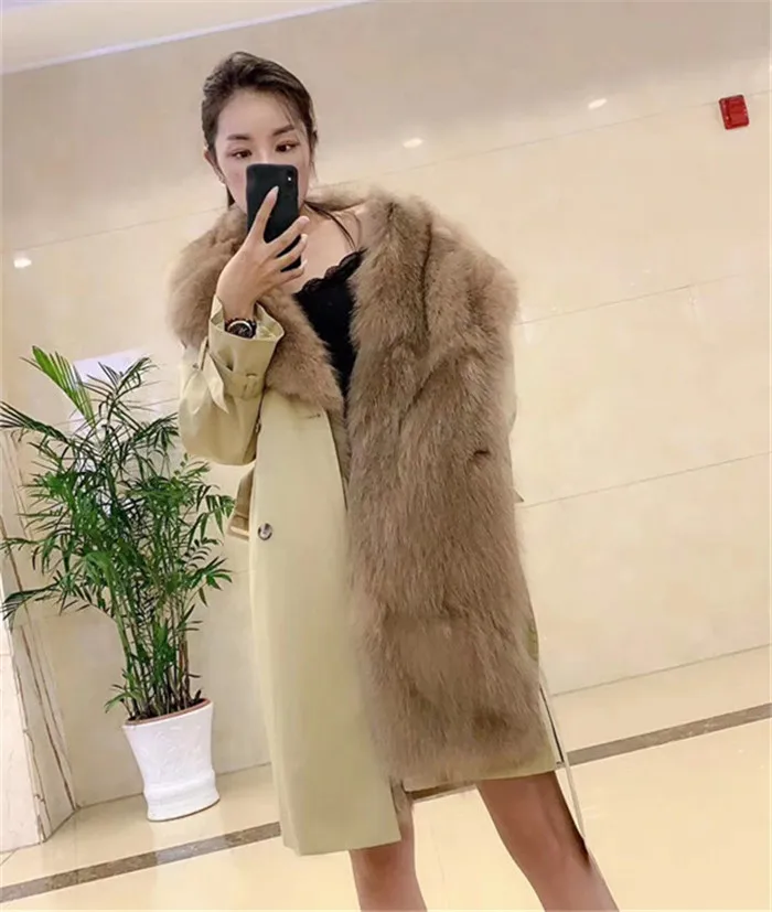 khaki fur liner Пальто с натуральным мехом, Толстая теплая парка с подкладкой из лисьего меха, женская зимняя куртка, костюм с воротником, длинный плащ - Цвет: khaki fur liner