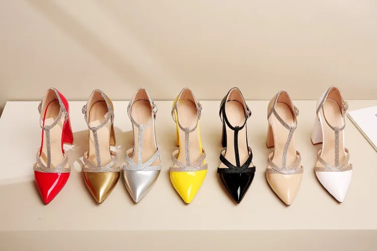 ASHIOFU Wholesale Women High Heel Sandals T-strap Chunky Heel Party Prom Dress Shoes Fashion Club Thick Heel Sandals Shoes