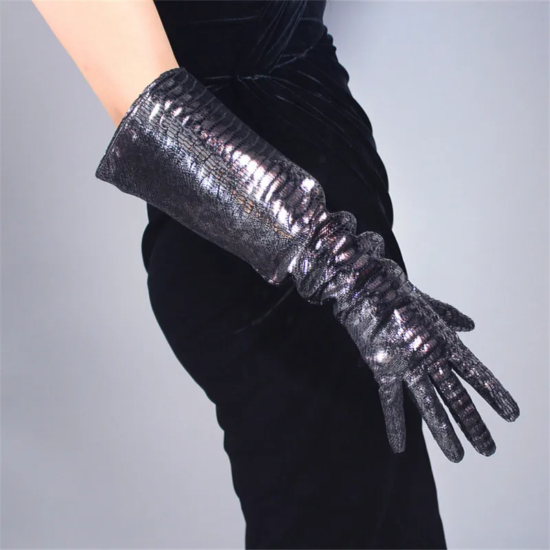 

Real Leather Long Gloves 50cm Sheepskin Bright Silver Black Lizard Skin Python Puff Large Sleeves Women's Leather Gloves TB150