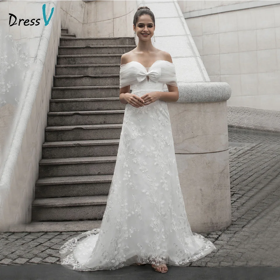 Dressv Элегантное свадебное платье с открытыми плечами, с бантом, кружевное, без рукавов, ТРАПЕЦИЕВИДНОЕ, на молнии, для улицы и церкви, свадебные платья на заказ - Цвет: Слоновая кость