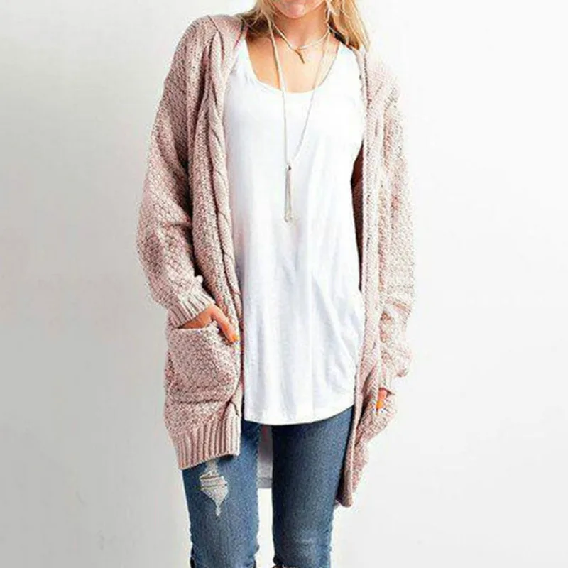 

2019 autumn winter new Woemn Cardigan long large size solid color pocket sweater ladies twist knit cardigan Warm Coat