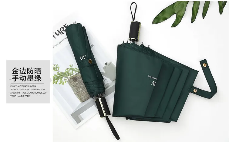 Small Fresh Sunscreen Parasol Student Japanese Solid Color Black Glue Anti-UV 3 Folding Umbrella Rain and Rain Female Gift