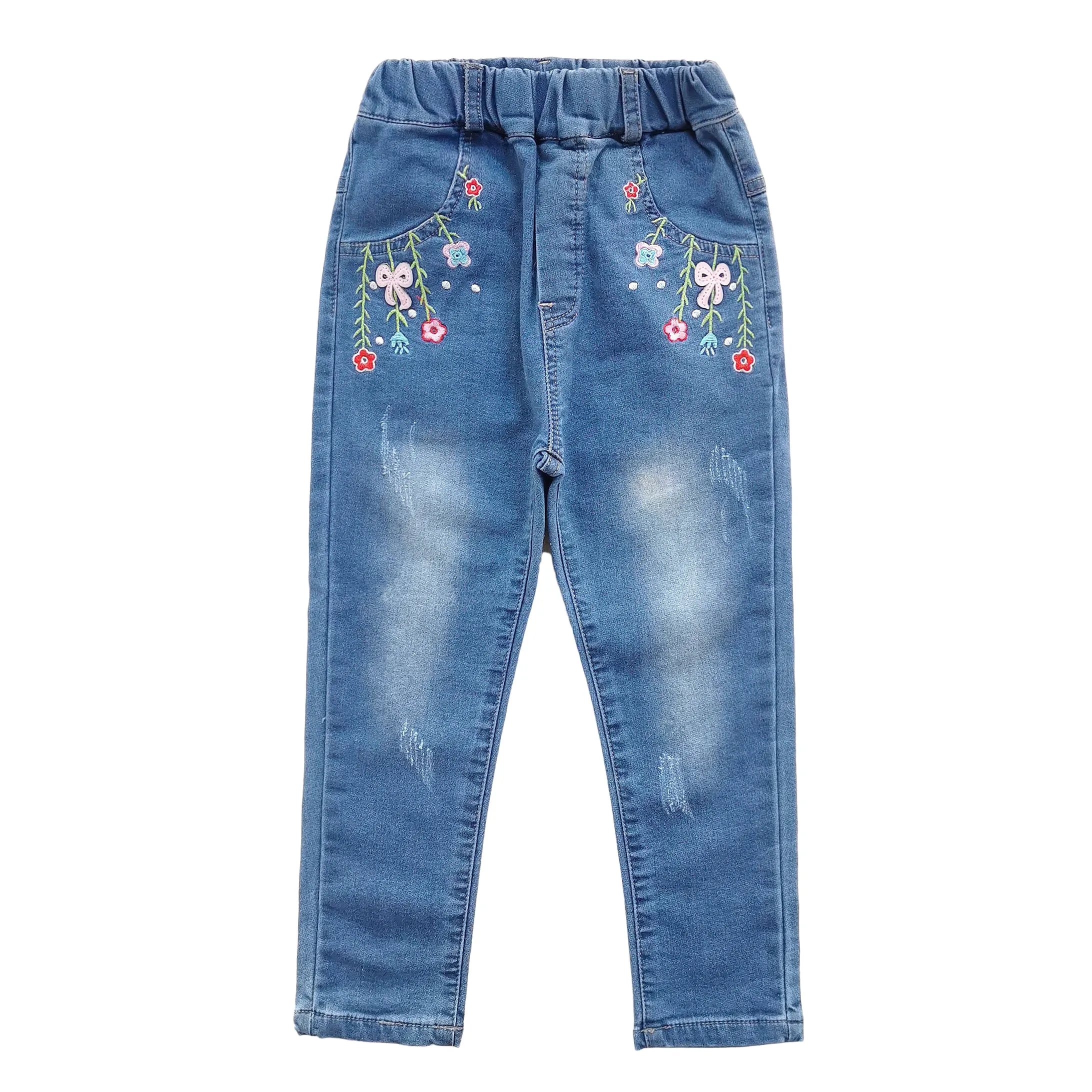 Calças de Brim Chumhey Meninas Primavera Algodão Elástico Macio Denim Calças Crianças Bordado Flores Toldder Roupas 100% 23 Cheap Jeans