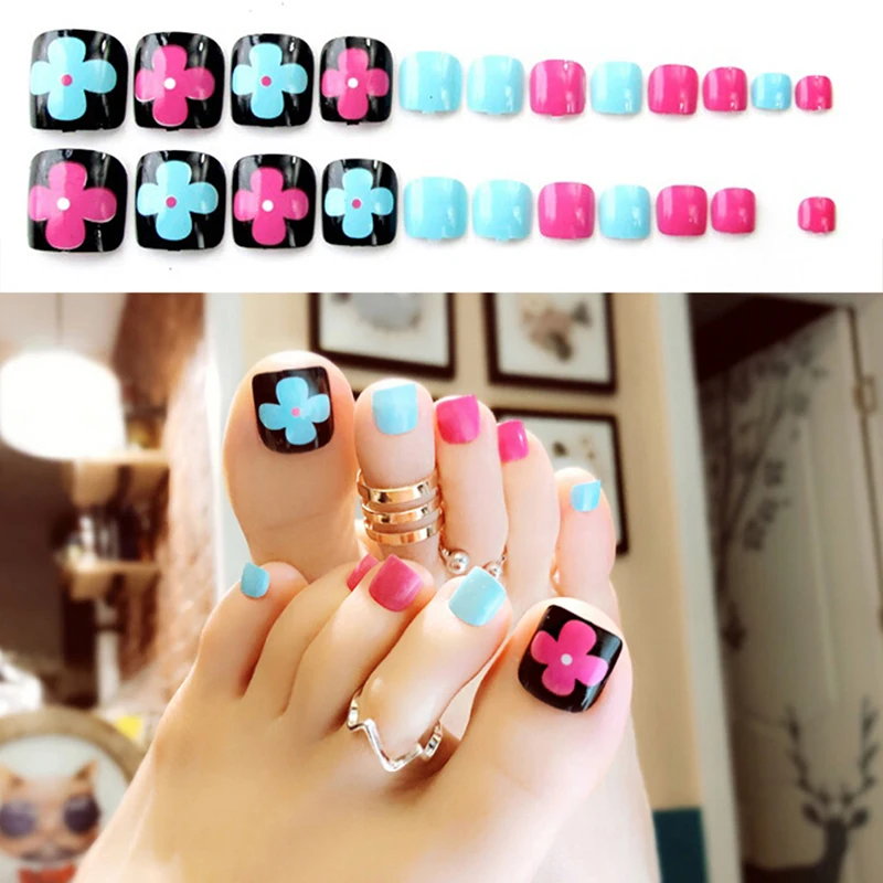 24Pcs/Set Fake Nail Sweet Wind Resort Beach Flower Toenails Patch Foot Toe False Nails Art Tips Full Cover With 2g Glue