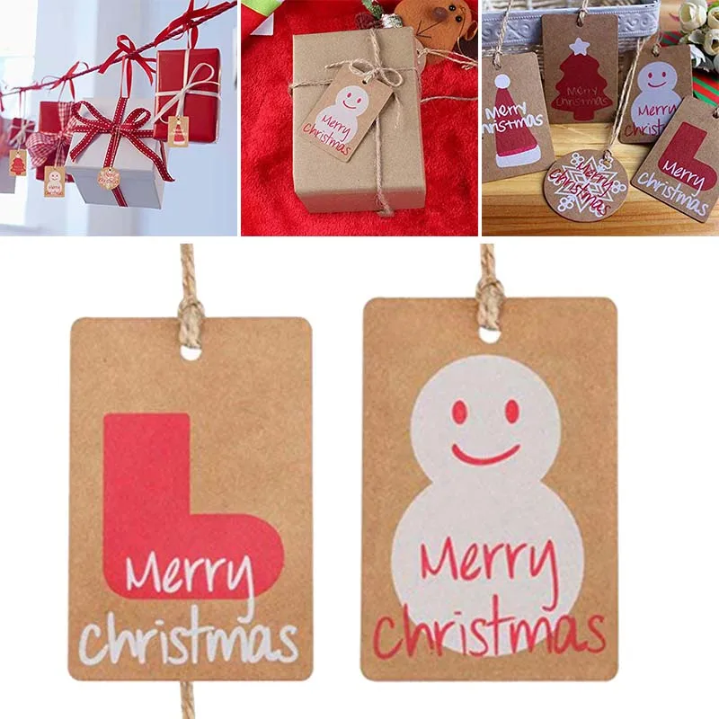 

100PCS Merry Christmas Hat Snowman Pattern Kraft Paper Tags Handmade DIY Craft Hanging Tag Gift Wrapping Labels Decoration