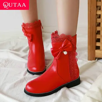 

QUTAA 2020 Butterfly-Knot PU Leather Fashion Zipper Ankle Boots Autumn Winter Round Toe Square Low Heel Women Shoes Size 34-39