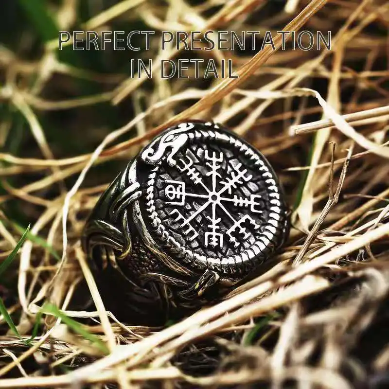Ring Set Viking Compass Runic Rings Men Vintage Nordic Totem Odin Men Rings 3D Upgraded Fashion Jewelry