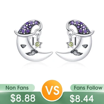 

BISAER Cartoon Moon 925 Sterling Silver Small Stud Earrings for Women Sterling Silver Femme Jewelry Gift ECE954