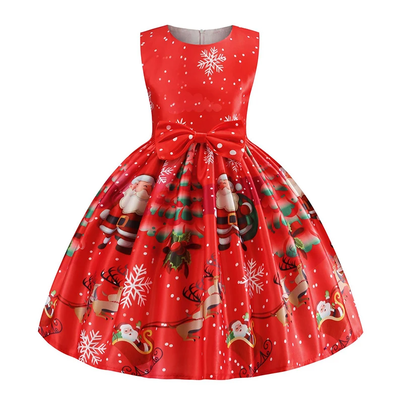 Robe De Noël Pour Fille - Imprimé Père Noël, Dentelle, Manches Longues - Pour Fêtes, Spectacles, Occasions Spéciales - Taille 2-10 Ans