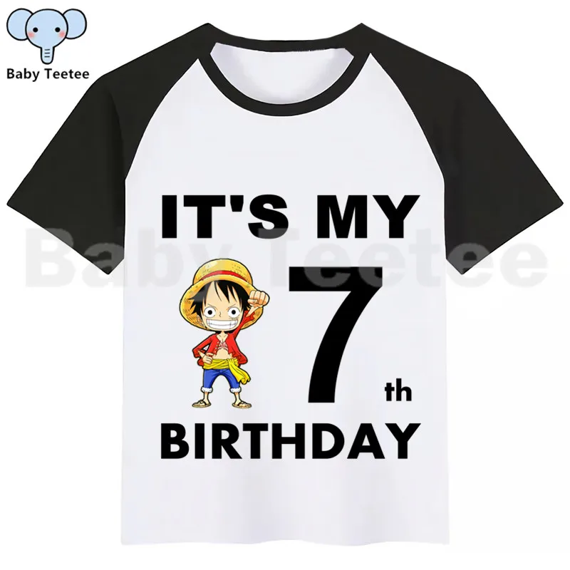 Цельный LUFFY мультфильм футболка «С Днем Рождения» Happy футболка «С Днем Рождения» с принтом забавные детские футболки, футболка для мальчиков и девочек, Рубашка с короткими рукавами футболка «С Днем Рождения»