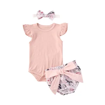 

2020 Infant Newborn Baby Girl Clothes Summer Pink Ruffle Bodysuit Romper Tops + Floral PP Shorts Headband Outfit Set 0-24M